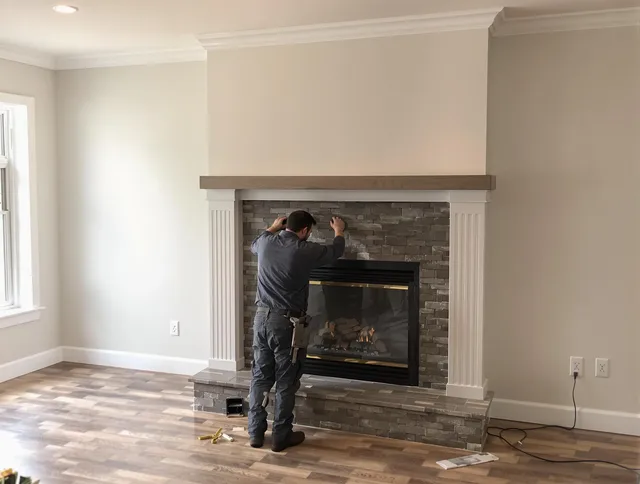 Downey Chimney Sweep finishing a custom fireplace install in Downey, CA